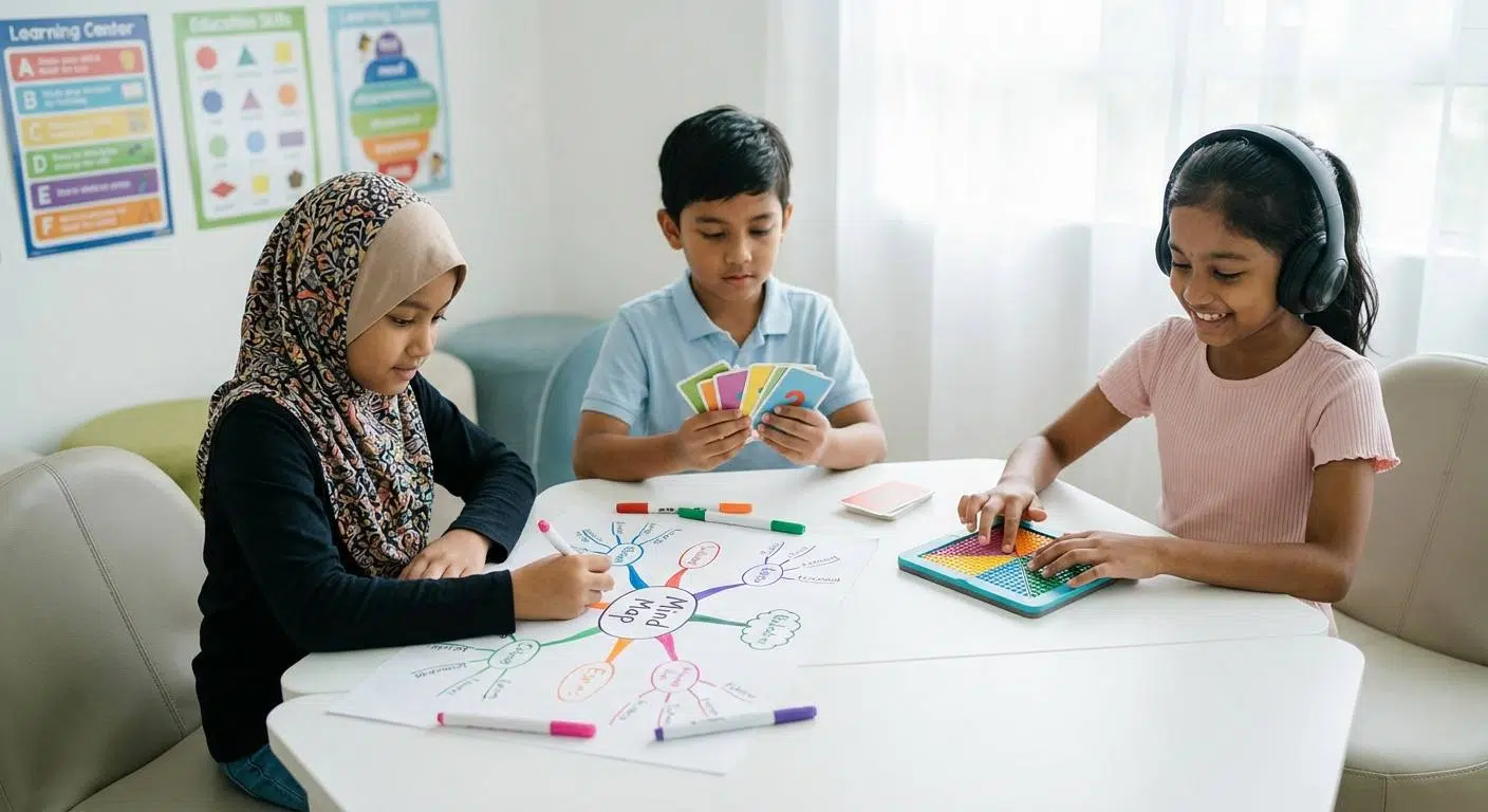 7 Proven Ways to Enhance Your Memory 3 A vibrant multisensory learning environment with children using colorful flashcards, drawing mind maps, listening to music, and engaging tactilely with learning materials.