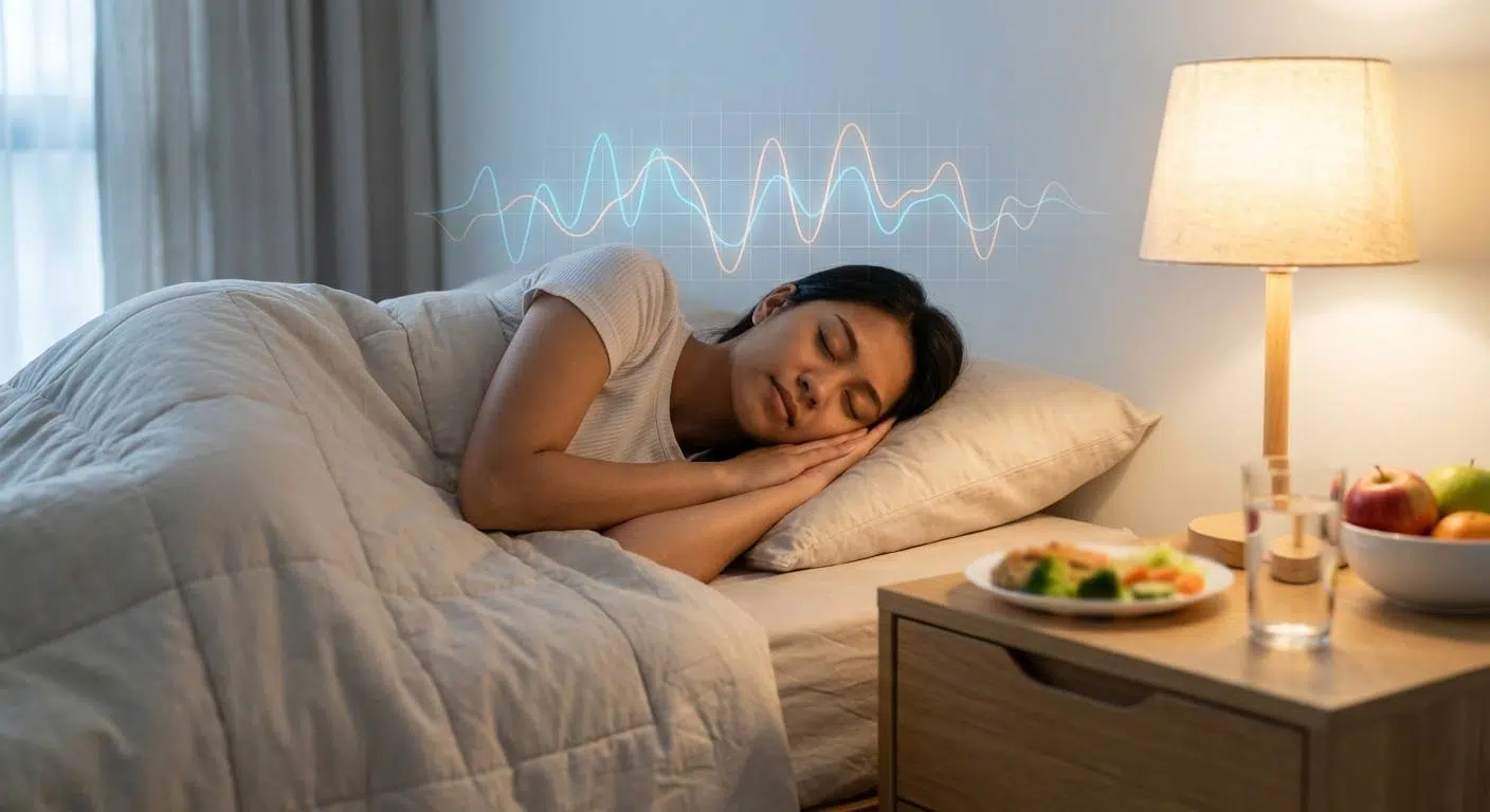 7 Proven Ways to Enhance Your Memory 4 A peaceful bedroom scene emphasizing quality sleep, showing a sleeping person with illustrations of brain waves and a healthy meal beside the bed, symbolizing sleep and brain energy.