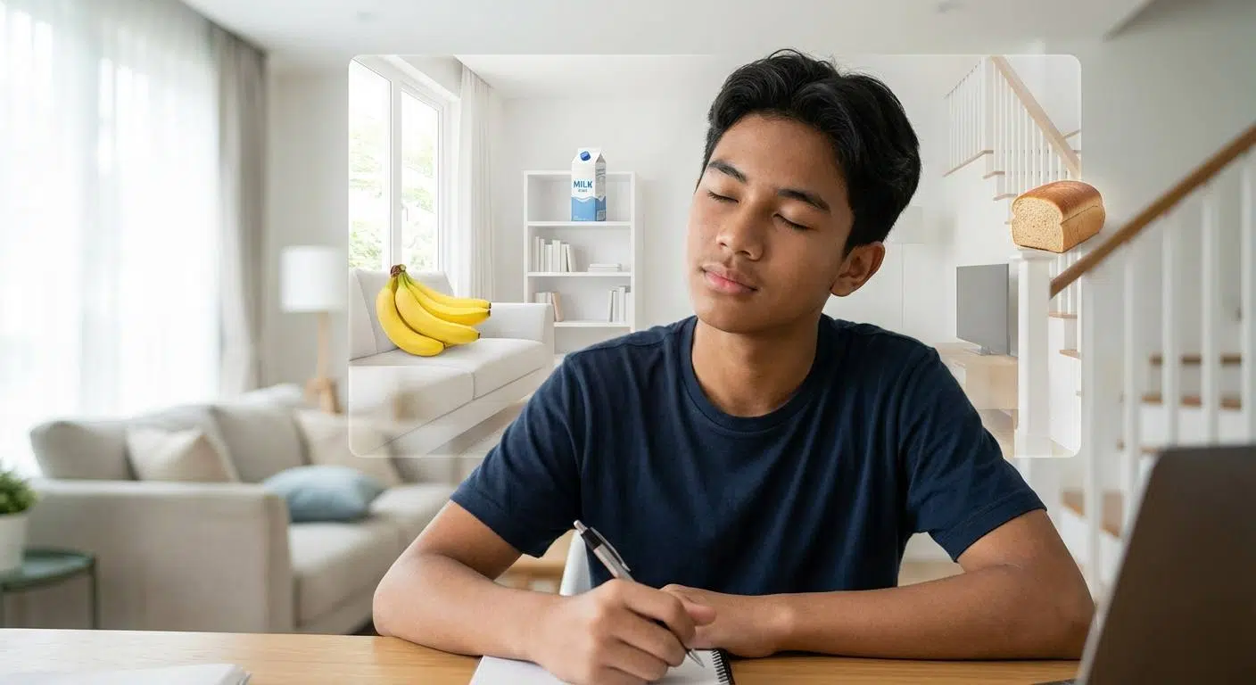 9 Unusual Ways to Boost Short-Term Memory 4 A visual representation of the Loci Method: a memory palace showing grocery items placed in different rooms of a house to aid memory retention.