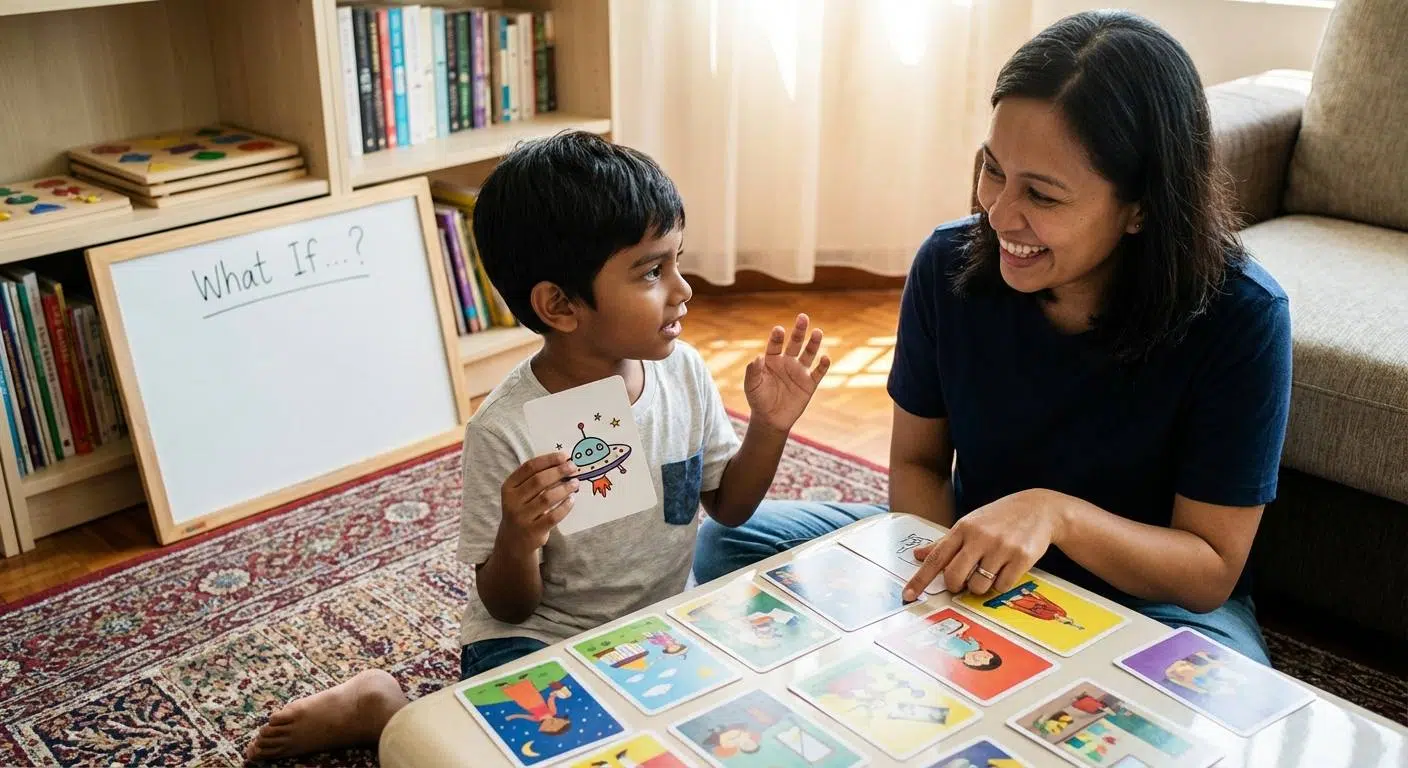 Boost Creativity Without Parental Stress 2 Scene of a parent and child engaged in creative activities at home: storytelling with imaginative 'What if?' scenarios, playing visual and memory games, and practicing mindfulness exercises together