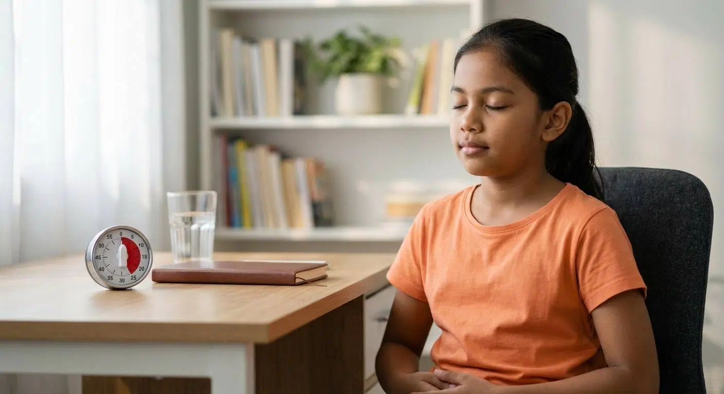 Unlocking Focus: Overcome Anxiety in Kids 4 A calm and focused child using simple brain exercises like mindful breathing and the Pomodoro Technique at home with minimal digital distractions.