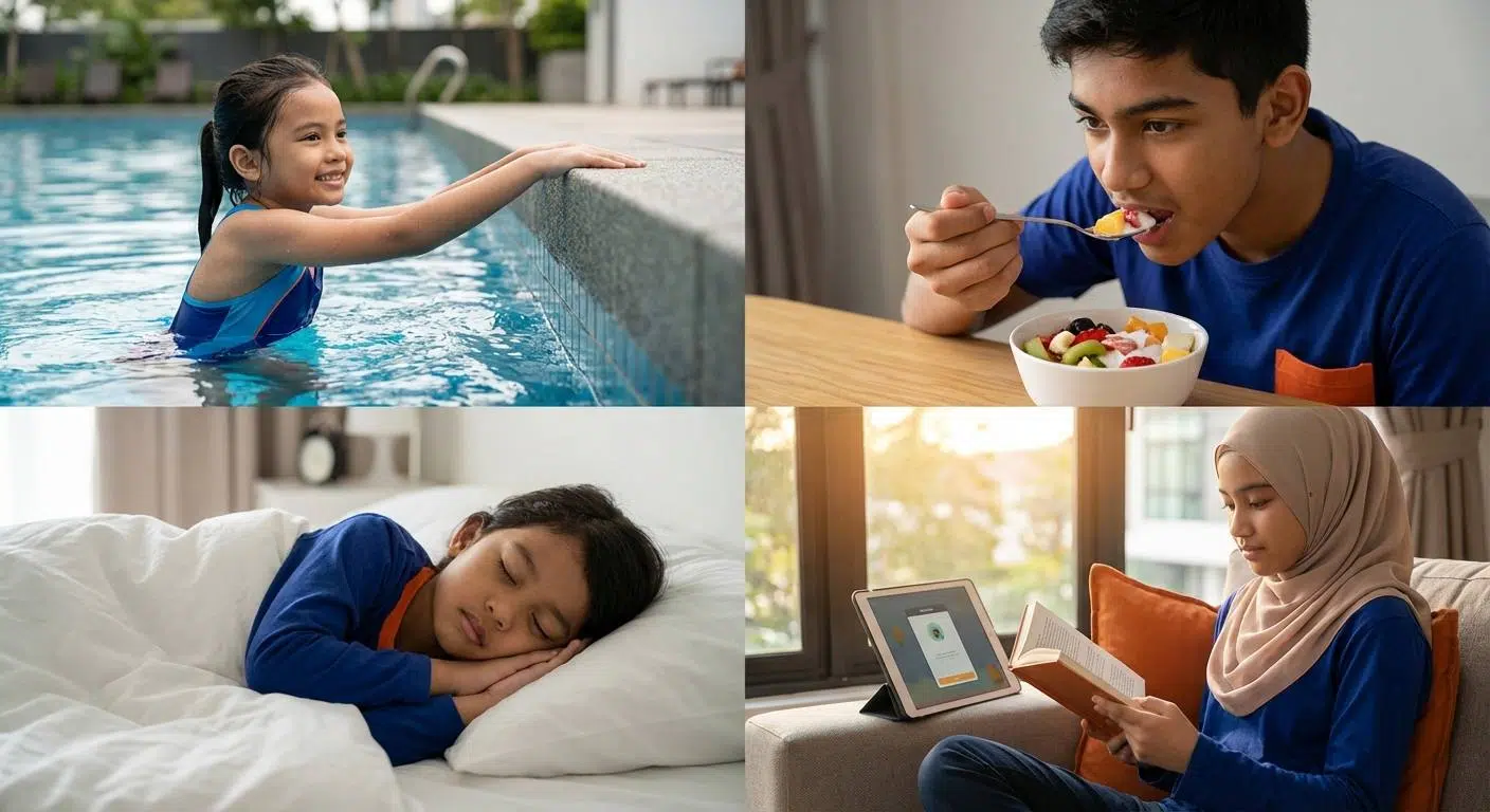 How to Boost Your Child’s Brain Power 4 Healthy lifestyle montage featuring physical activities (like swimming or dancing), good nutrition, adequate sleep, and balanced screen time to support brain power.