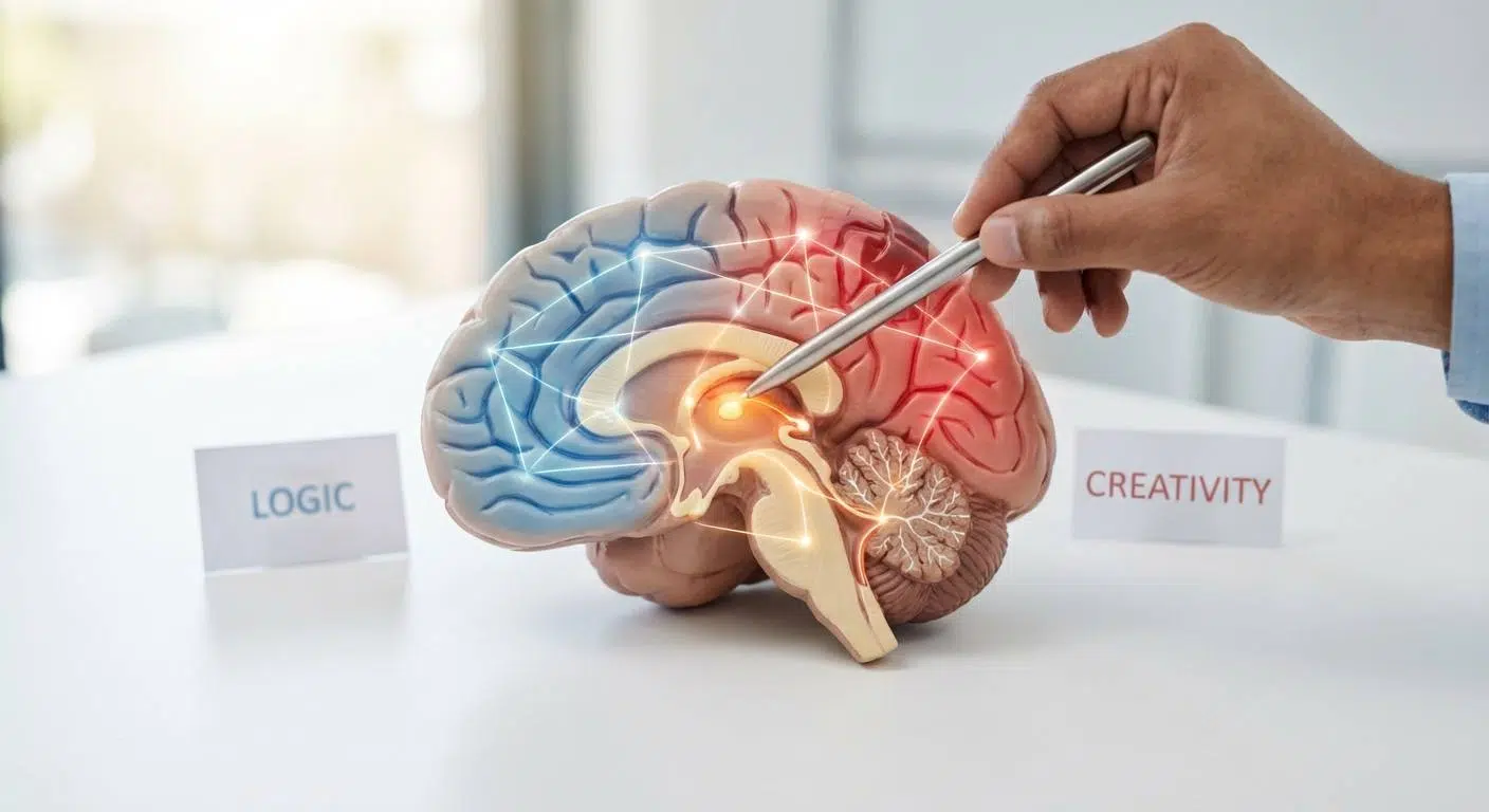 Boost Kids' Focus with Brain Training Courses 2 An illustration of the human brain highlighting the midbrain, left hemisphere, and right hemisphere, showing the balance and connection between logic, creativity, and sensory gating.