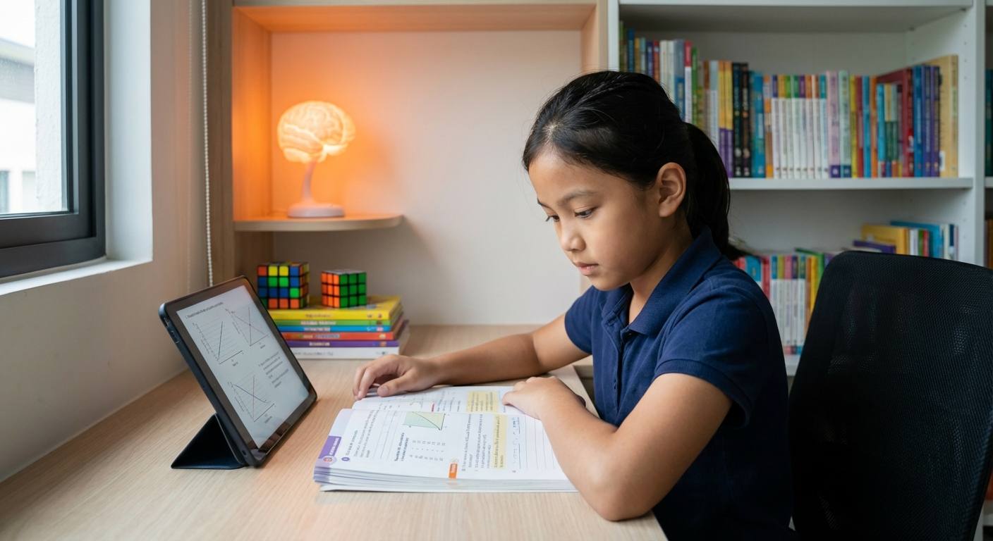 A child confidently studying in a quiet, organized room with symbols of focus like a glowing midbrain area, surrounded by books and puzzles, showing improved concentration and creative thinking.