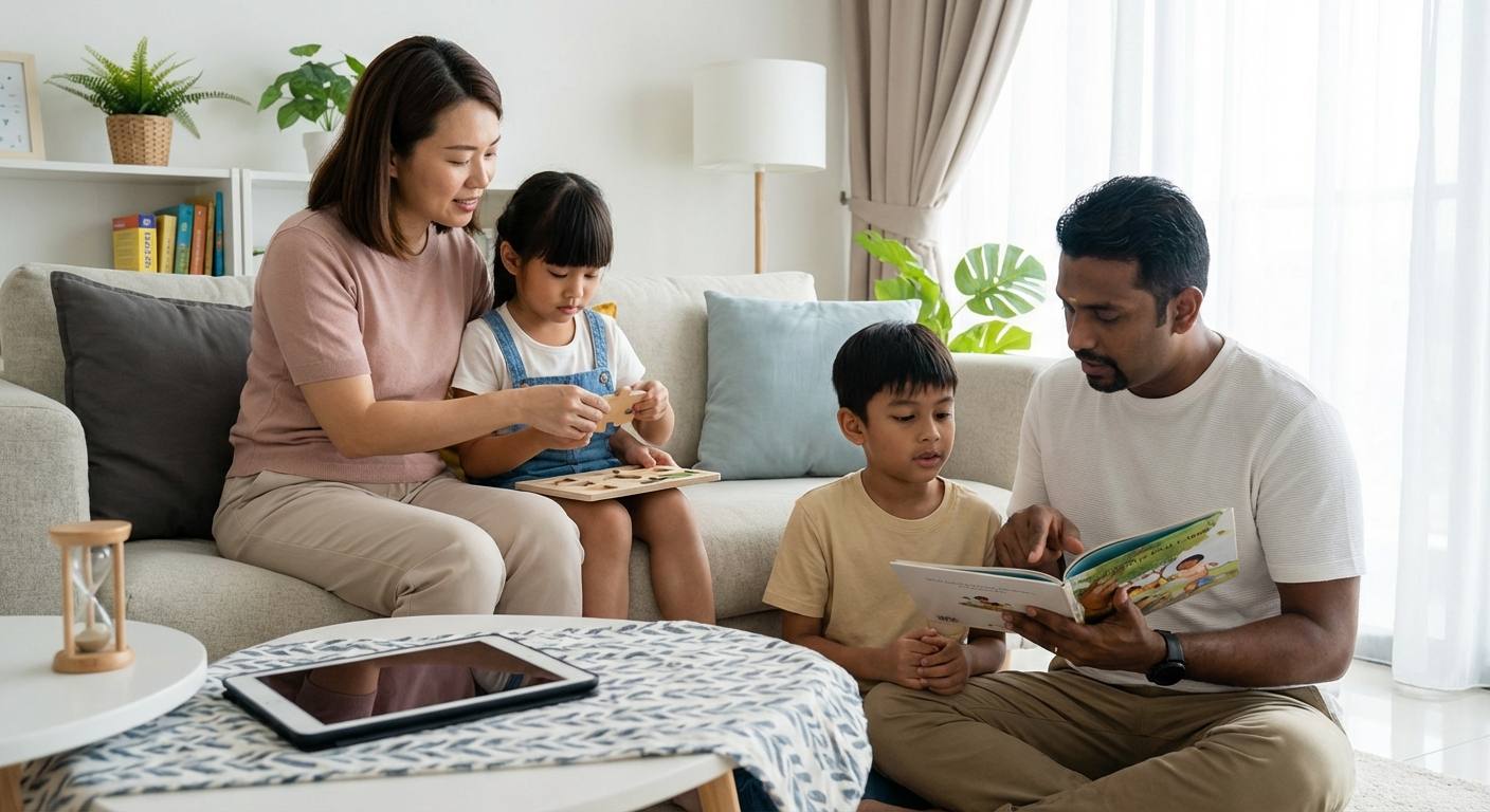 A family scene at home practicing simple habits: limiting screen time, mindful breathing exercises, and engaging in storytelling with puzzles, emphasizing supportive environment and brain training.