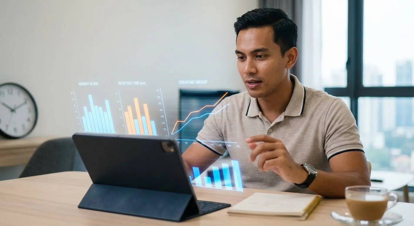 Boost Memory and Focus with Creatine 2 Visual representation of scientific research data including graphs or charts showing improvements in memory and reaction time with creatine supplementation, alongside an image of a person staying alert after sleeplessness.