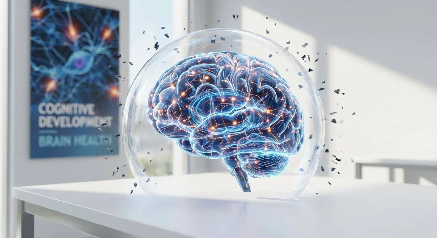 Boost Memory and Focus with Creatine 3 Depiction of brain growth processes such as synaptic plasticity and neurotransmitter production, with creative elements illustrating protection against oxidative stress, symbolizing enhanced cognitive development in children.