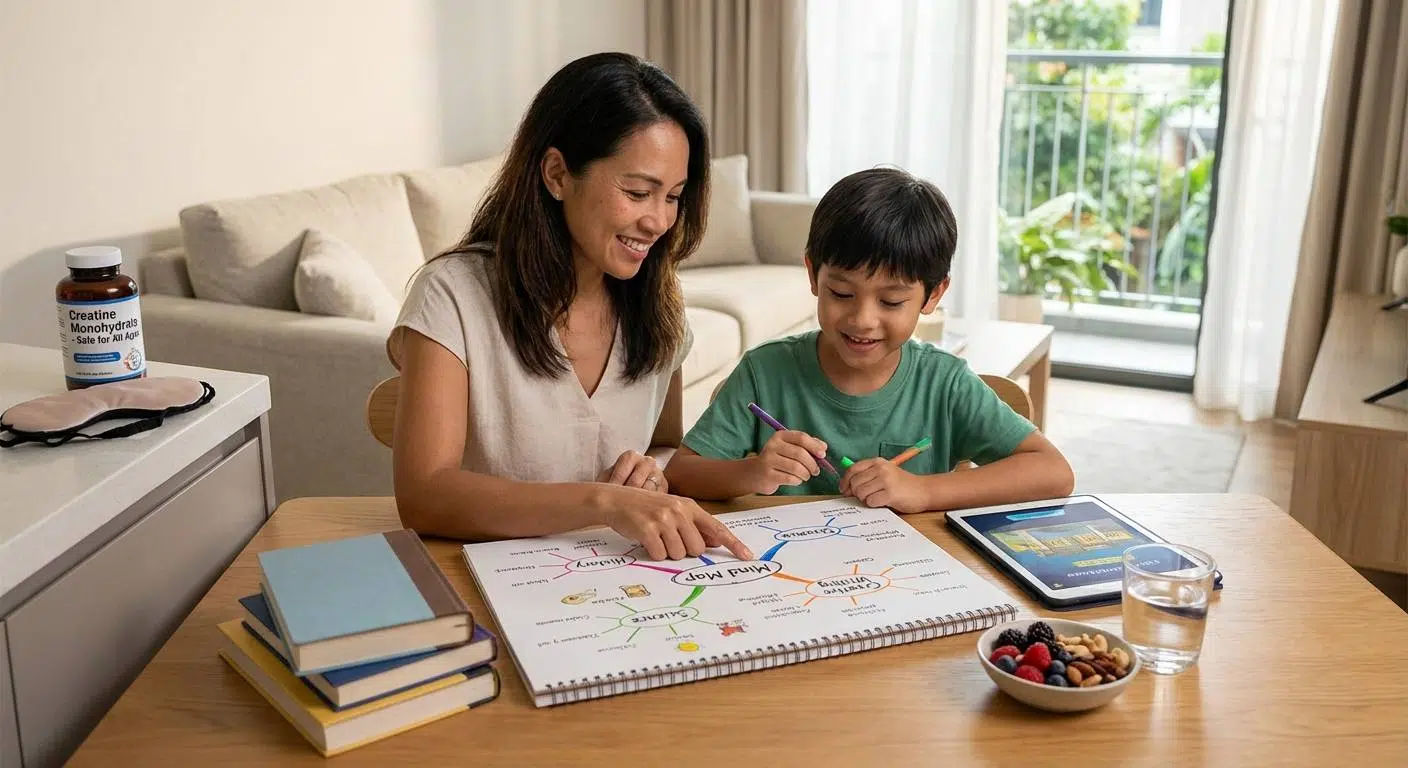 Boost Memory and Focus with Creatine 4 Scene showing a parent and child engaging in brain exercises like memory palace visualization, chunking, and mind mapping at home, complemented by symbols representing balanced nutrition, sleep, and safe creatine supplementation.