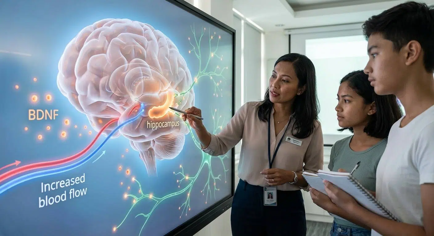 How Exercise Boosts Memory and Learning 2 A detailed infographic-style image depicting the brain during exercise: highlighting increased blood flow, release of BDNF protein, new brain cell formation in the hippocampus, and a flourishing neural environment.