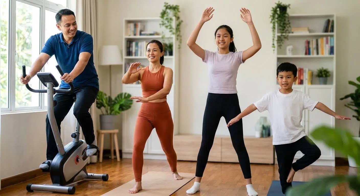 How Exercise Boosts Memory and Learning 3 A lively depiction of a family doing various brain-boosting exercises at home such as brisk walking, cycling, doing jumping jacks, and practicing yoga or tai chi together in a warm, inviting setting.