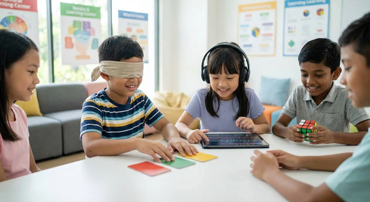 How Exercise Boosts Memory and Learning 4 A vibrant, inspiring scene showing children confidently engaging in learning activities with a backdrop of the Genius Mind Academy logo and elements representing memory techniques and midbrain activation (#memohack program) boosting brain power.