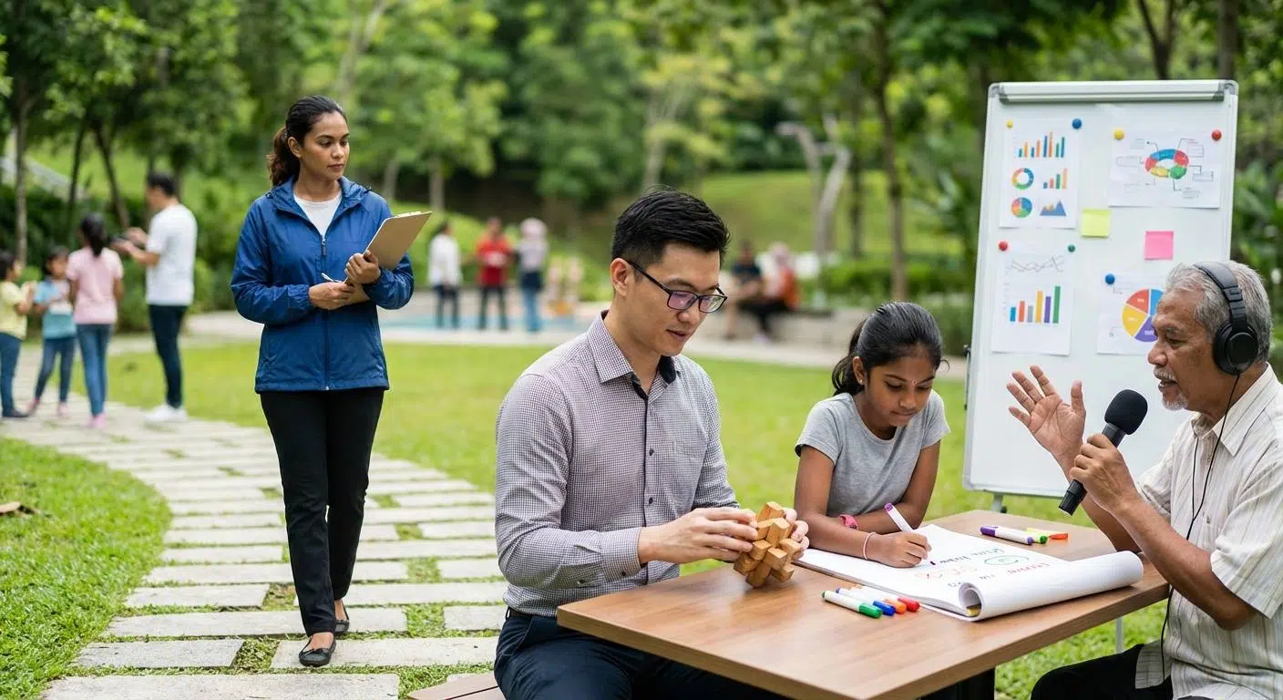 Boost Memory with Science-Backed Brain Training 2 A dynamic scene showing diverse brain training activities: a person walking outdoors, someone solving puzzles, and colorful sensory elements like writing, speaking, and visualizing information.