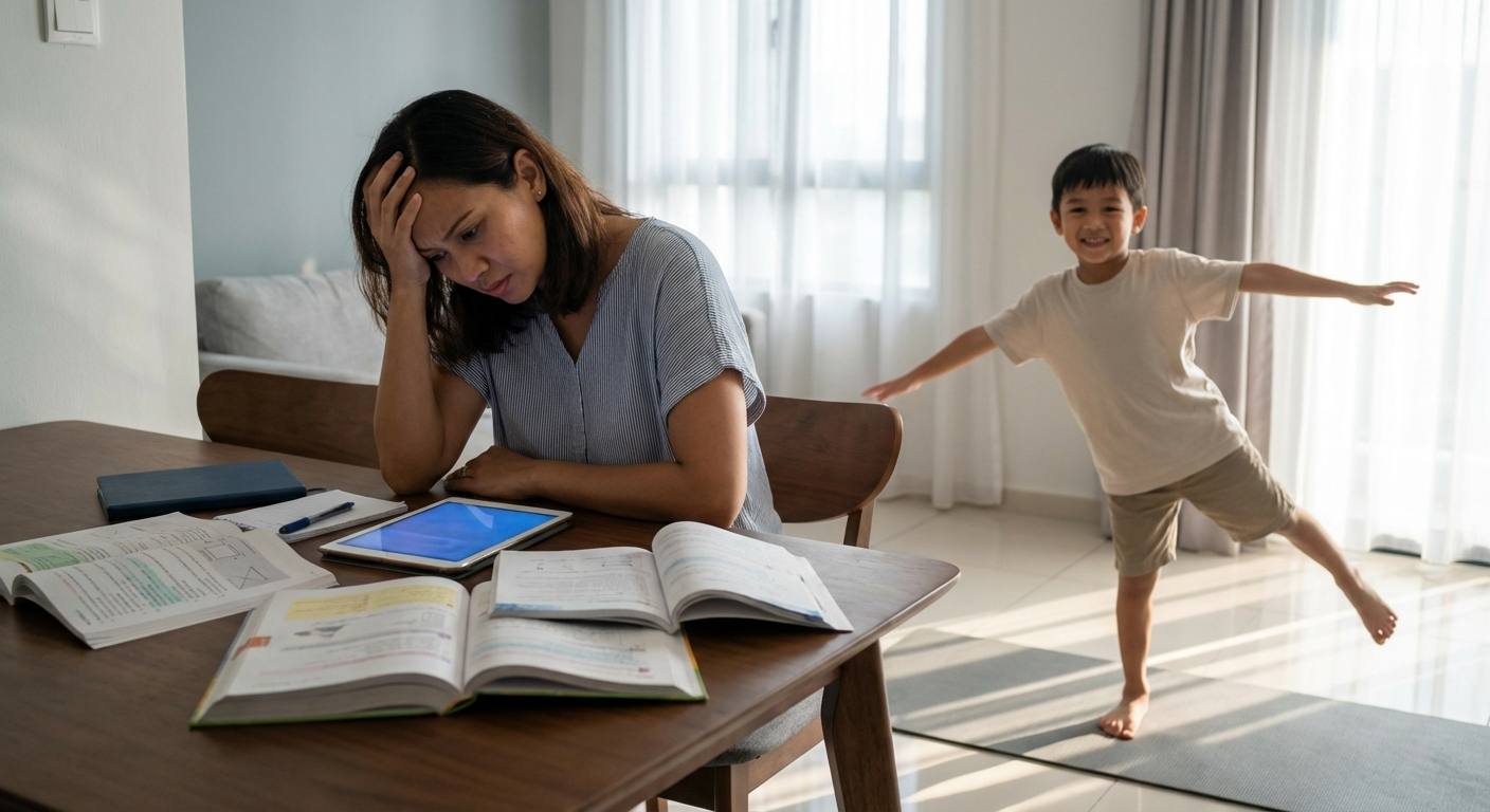 A busy Malaysian parent helping a child study, with visual elements showing stress from exam pressure and screen overload, contrasted with the child taking a joyful physical activity break.