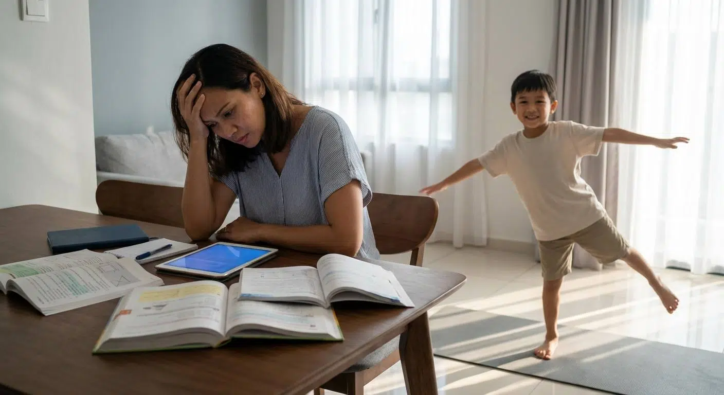 Boost Your Child’s Brain Power with Exercise 2 A busy Malaysian parent helping a child study, with visual elements showing stress from exam pressure and screen overload, contrasted with the child taking a joyful physical activity break.