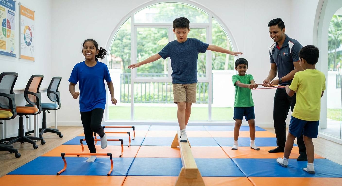 An energetic scene depicting children engaged in various brain-boosting exercises such as running, dancing, and resistance training, highlighting aerobic, neuromotor, and resistance activities.