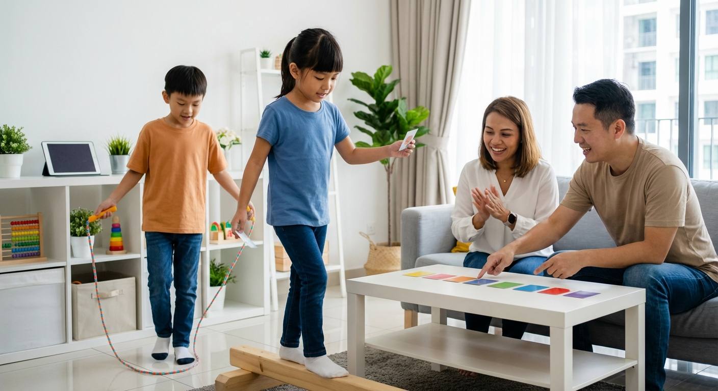 A cheerful family or child practicing simple home exercises like jump rope intervals, memory movement games, and balance challenges, illustrating easy and fun ways to enhance focus and brain health.