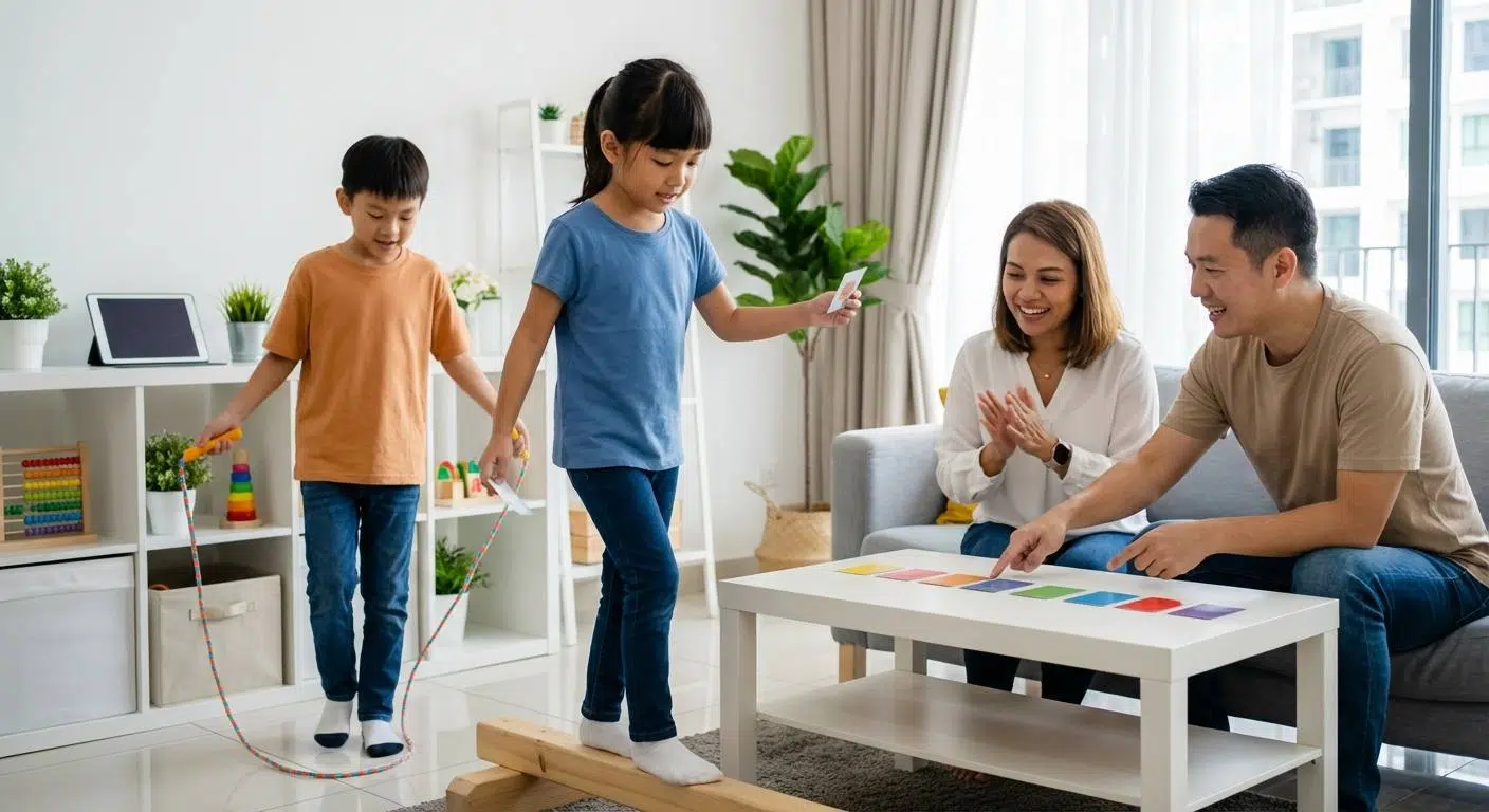 Boost Your Child’s Brain Power with Exercise 4 A cheerful family or child practicing simple home exercises like jump rope intervals, memory movement games, and balance challenges, illustrating easy and fun ways to enhance focus and brain health.