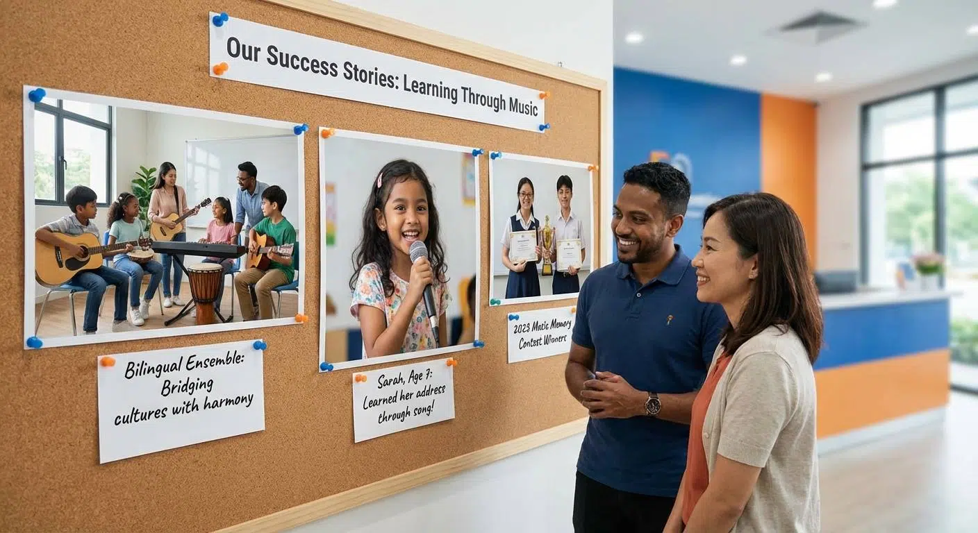 How Music Enhances Memory and Learning 4 A collage of success stories showing diverse children learning through music, including a girl singing her address, immigrant students playing in a bilingual music ensemble, and a music memory contest, representing real educational breakthroughs.