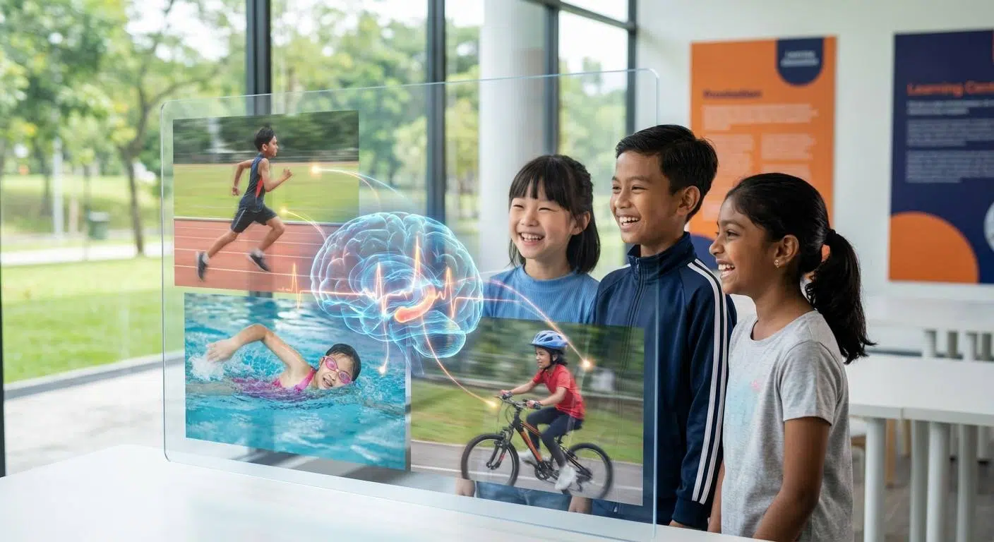 Unlock Your Child’s Memory Potential 2 An energetic scene of children engaging in various physical activities like running, swimming, and cycling, alongside visuals representing brain function (e.g., glowing hippocampus), highlighting the connection between exercise and improved memory.