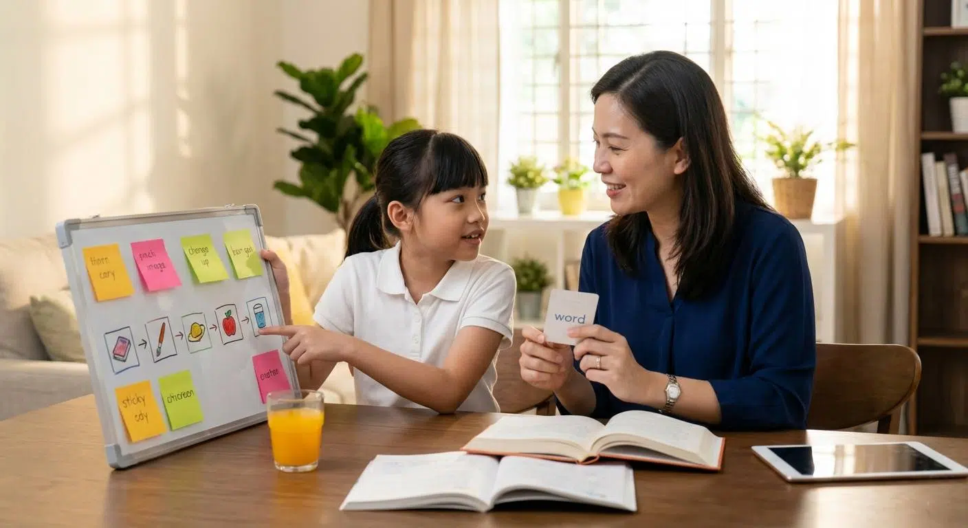 Unlock Your Child’s Memory Potential 4 A cozy home environment where a parent and child are practicing simple brain exercises such as the Memory Palace technique, chunking information, and spaced repetition, illustrating practical brain training activities for daily use.