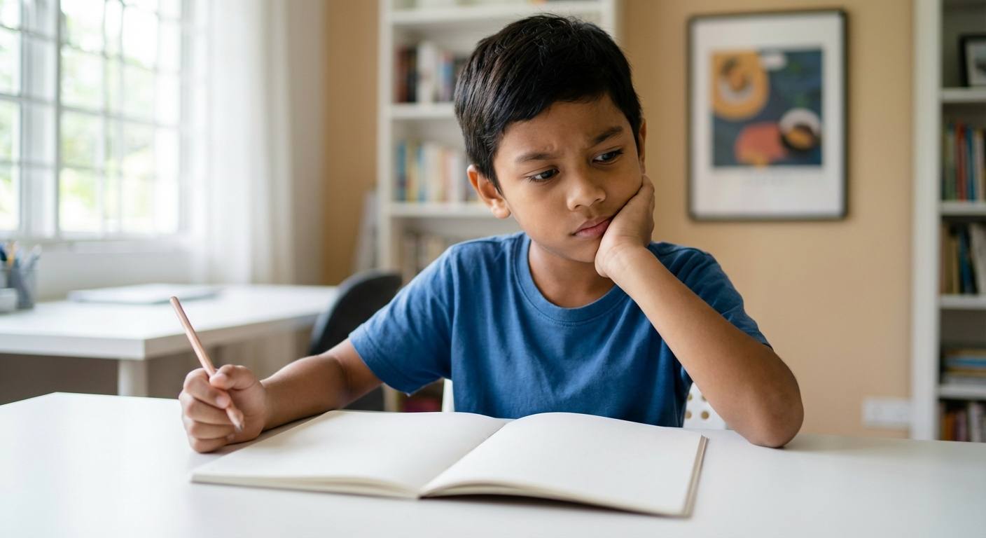 Unlocking Creativity in Children 1 A child facing a blank page or struggling to come up with creative ideas, symbolizing the challenge of expressing original thoughts
