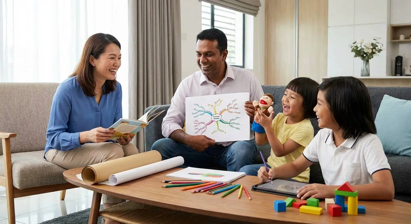 Unlocking Creativity in Children 4 Parents and children happily participating in creative exercises such as storytelling, role-play, and mind mapping at home, demonstrating practical ways to boost creativity