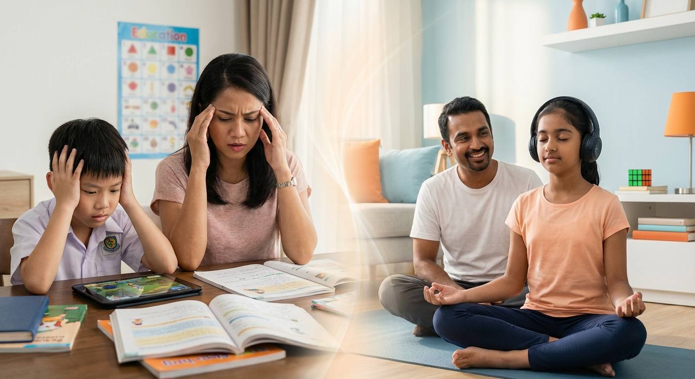Scene depicting common challenges faced by Malaysian parents such as exam stress, excessive screen time, and low self-esteem, alongside visuals of brain balance solutions promoting calmness, better sleep, and increased confidence.