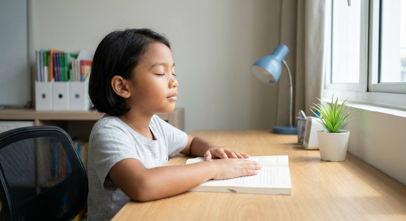 Home setting showing a child practicing simple focus-enhancing habits like single-tasking on homework, mindful breathing exercises, and reading to stimulate both creative and logical thinking.