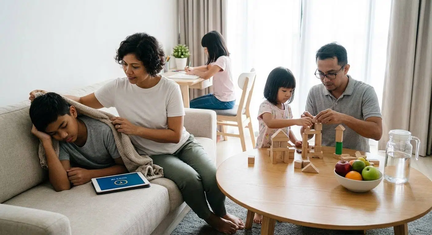 Unlock Your Child’s Full Brain Potential 3 Depiction of everyday healthy habits for nurturing concentration, including healthy screen time boundaries, creative play, and good nutrition with restful sleep in a Malaysian family setting.
