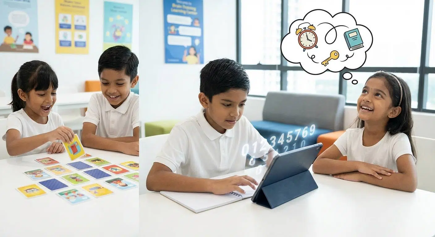 Unlock Your Child’s Memory Potential 3 A colorful depiction of three practical brain games: the Memory Card Game with vibrant cards, Sequence Recall Challenge with numbers or letters floating, and Story-Link Mnemonics represented by a child imagining a playful story connecting various objects.