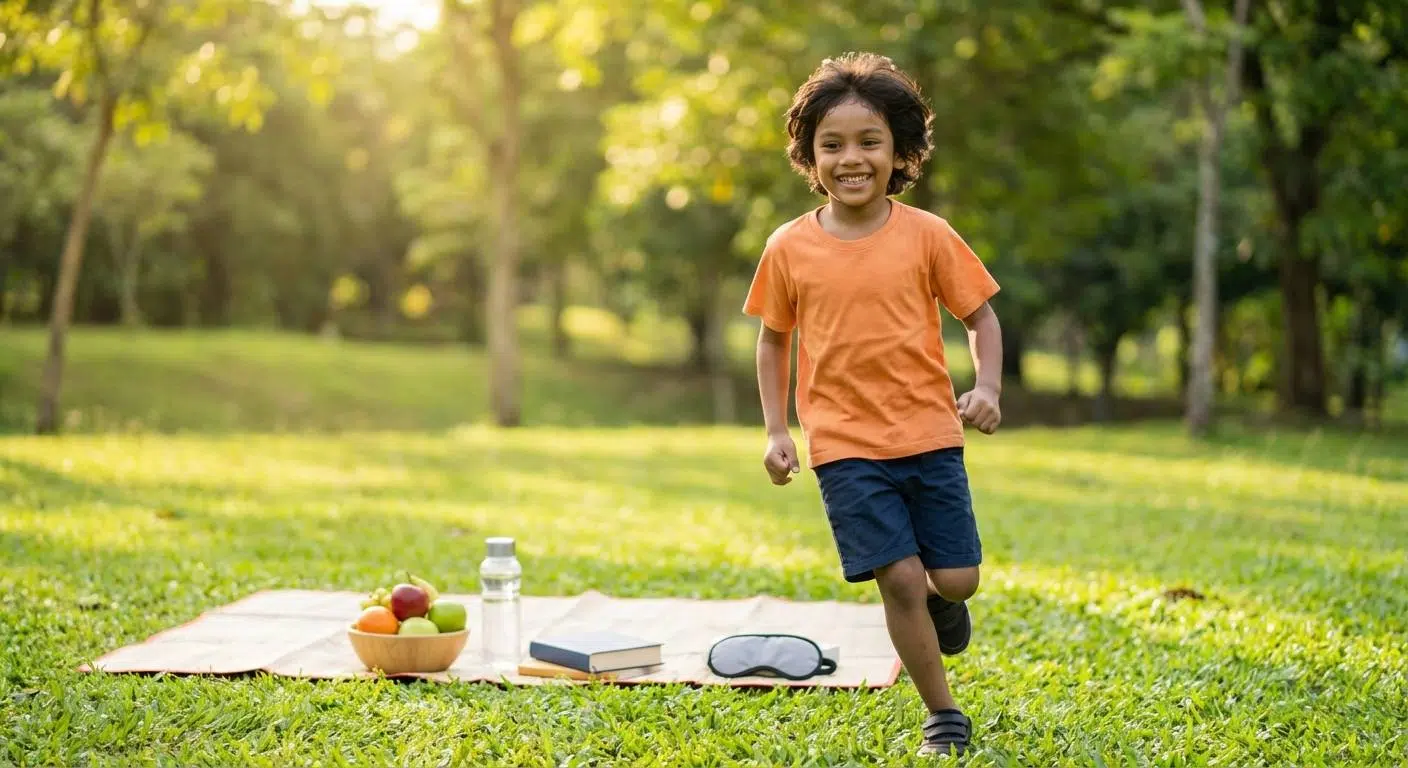 Unlock Your Child’s Memory Potential 4 A holistic lifestyle scene showing a child engaged in physical activity outdoors, sleeping peacefully, eating a balanced diet, and reducing screen time—conveying the 'Mature Character - Dynamic Brain - Excellent Lifestyle' trifecta.