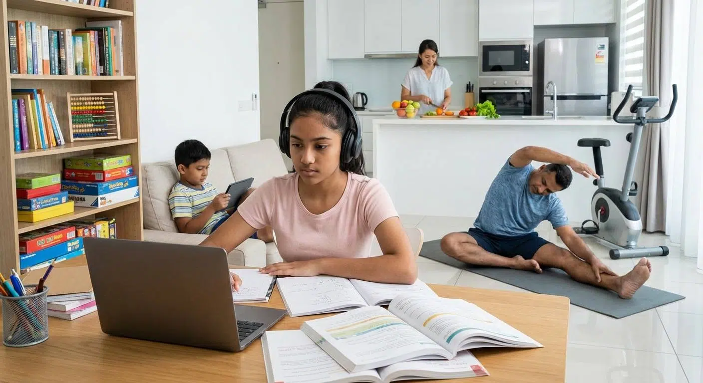 Unlock Your Brain’s Full Potential 2 A Malaysian family scene showing parents and children engaged in learning, with visual elements representing exam pressure, digital device distractions, and balanced lifestyle habits like nutrition and exercise