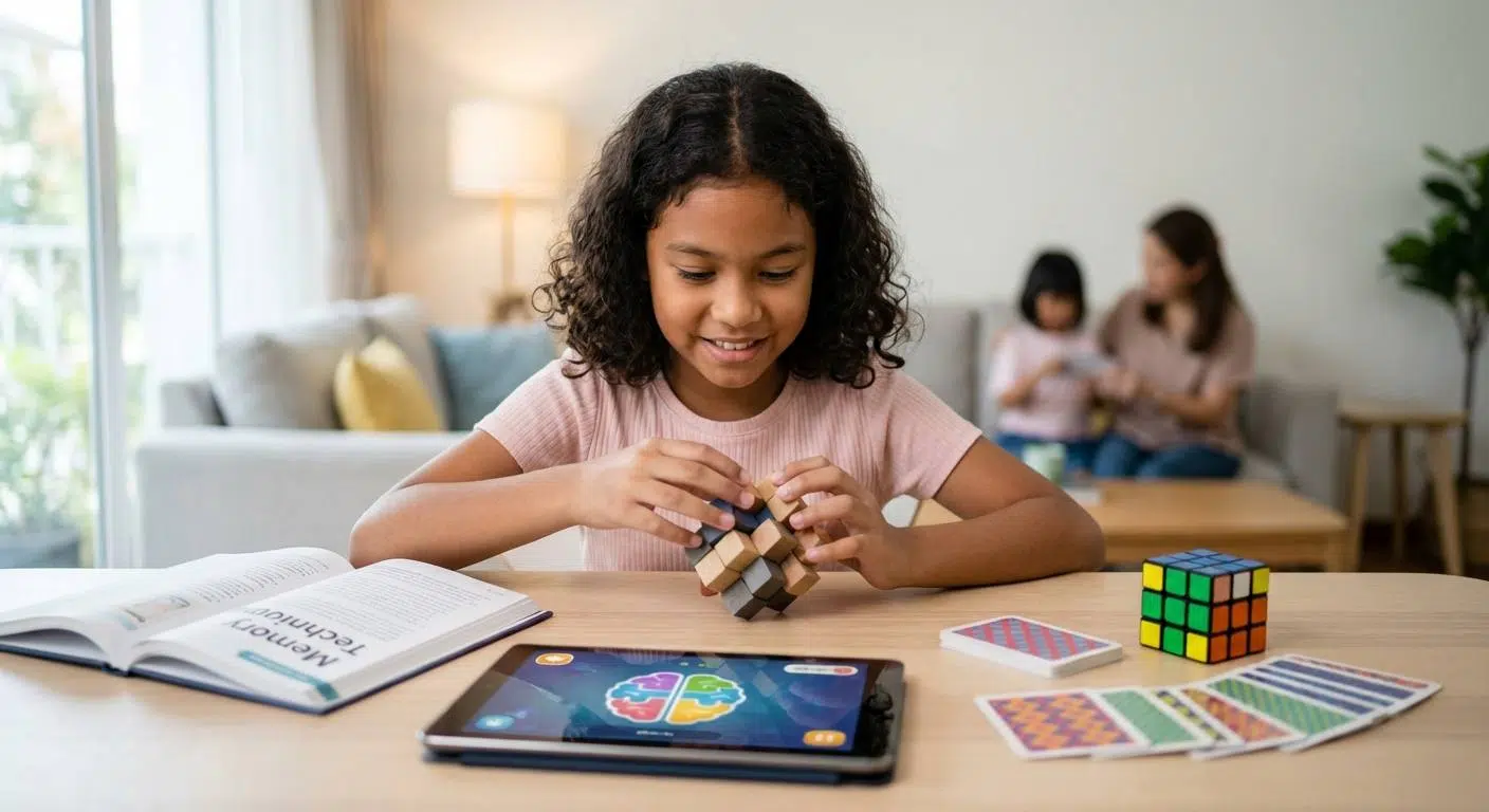 Unlock Your Brain’s Full Potential 2 A visual representation of a focused child or adult practicing brain training exercises, showing concentration amidst distractions with elements like books, devices, and playful memory activities.