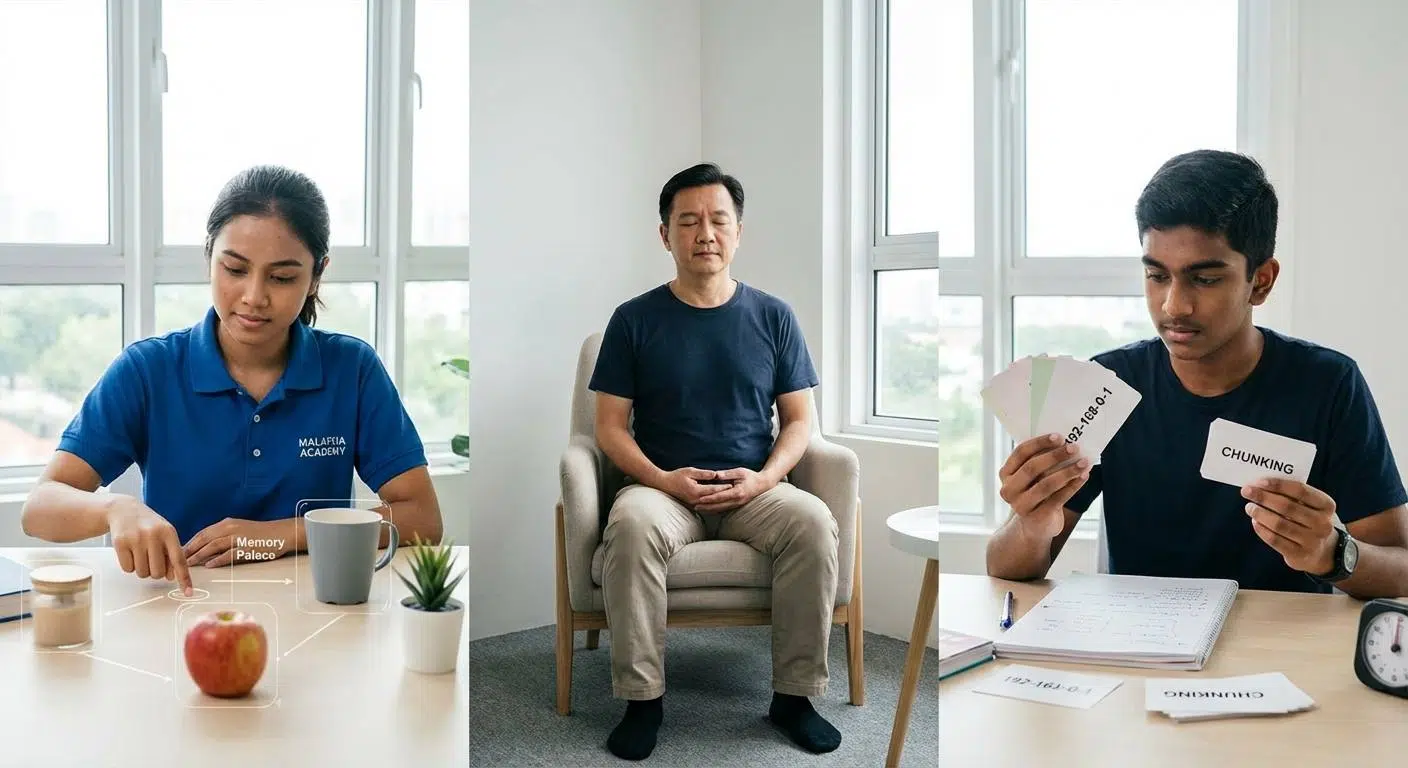 Unlock Your Brain’s Full Potential 3 Three simple brain exercises depicted step-by-step: Memory Palace Visualization with household items highlighted, mindful breathing with calm surroundings, and chunking with repetition shown via study materials or flashcards.