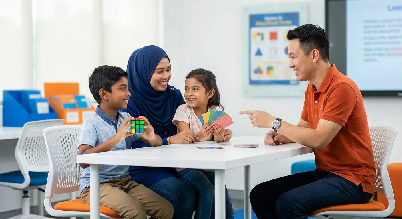 Unlock Your Brain’s Full Potential 4 Happy Malaysian parents and children engaging with Genius Mind Academy's program, showcasing confidence, academic success, and overall well-being in a nurturing learning environment.