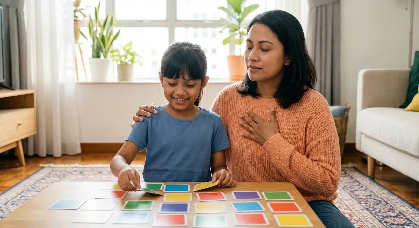 A parent and child sitting together playing memory card games and practicing mindful breathing exercises in a cozy home environment, symbolizing simple brain exercises to improve focus.