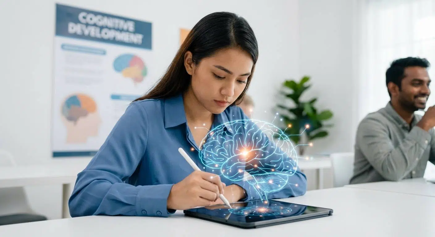 Overcoming Brain Fog: Unlock Focus & Potential 3 A detailed graphic or infographic about brain training and neuroplasticity, showing brain networks being rewired, highlighting areas like the prefrontal cortex, working memory, and improved focus through cognitive exercises.