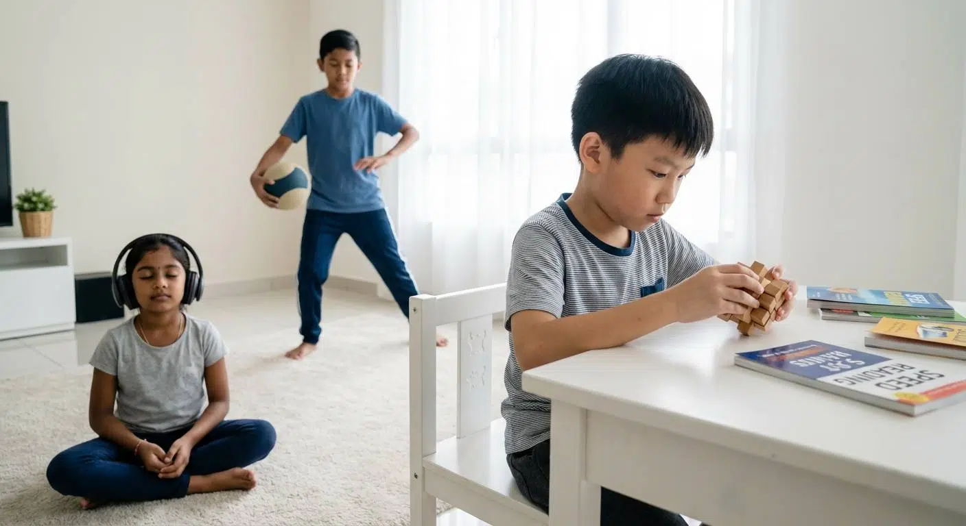 Helping Children Overcome Focus Challenges 3 Children engaging in brain training activities such as playing educational games, practicing mindfulness, and doing physical movement exercises at home.