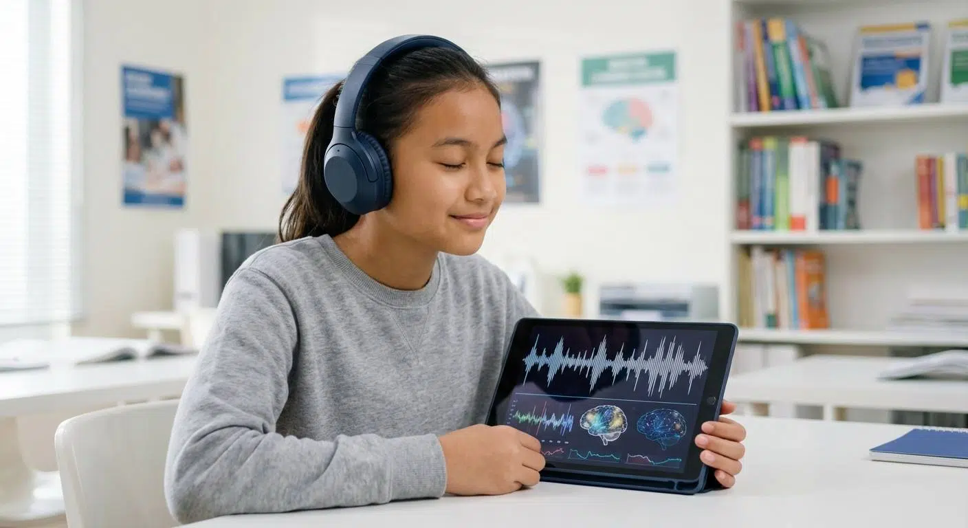 An illustration of the brain highlighting the prefrontal cortex area, with symbolic elements representing neuroplasticity, dopamine release, and brain training exercises, showing how focus and motivation can be improved.