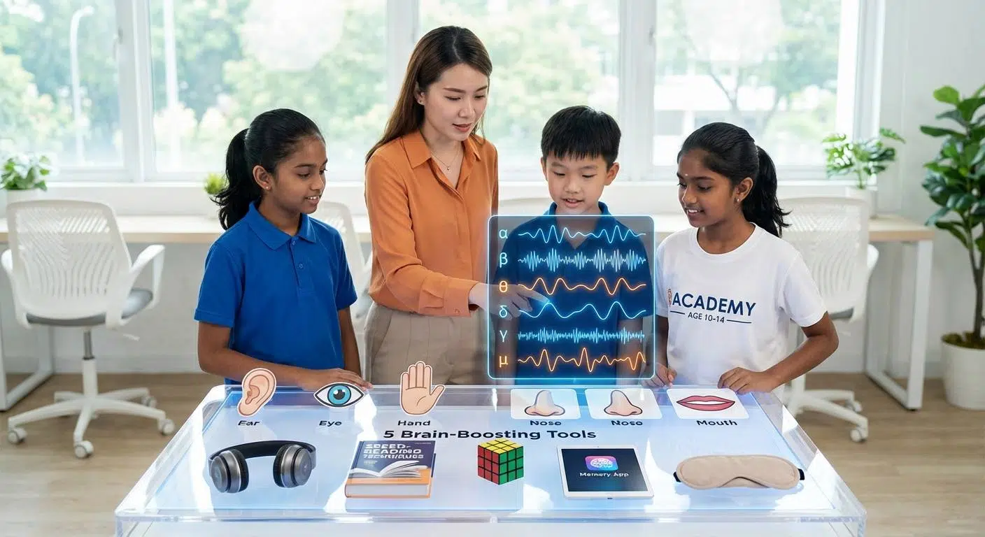 Unlock Focus and Motivation with Brain Training 3 A vibrant depiction of the #memohack program's '565 Formula' - showing five senses icons, six brainwave patterns visualized as waveforms, and five brain-boosting methods, symbolizing holistic cognitive development.