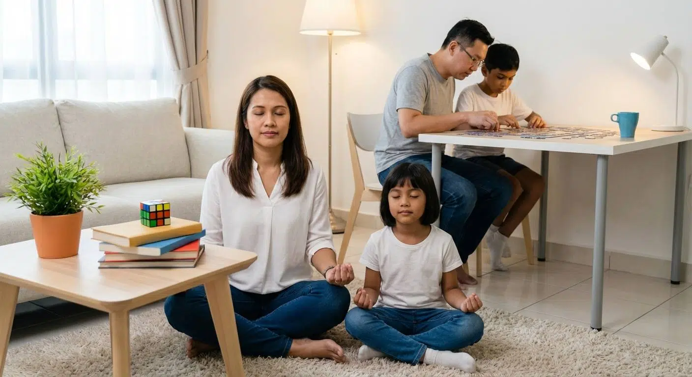 Boost Your Child’s Brain Speed and Potential 3 Simple home habits for enhancing brain speed shown as engaging activities: mindful breathing, puzzles, and a quiet study environment.