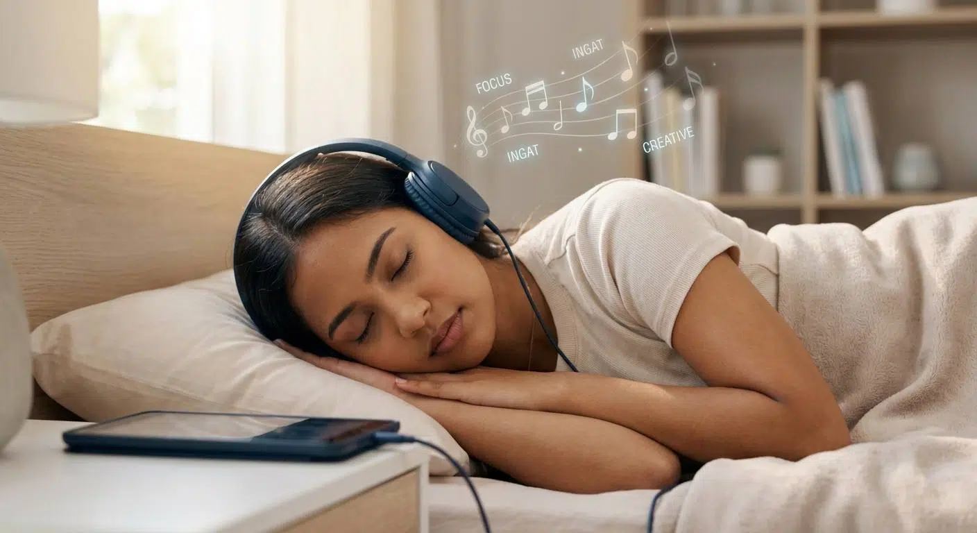 Boost Memory for Smarter Studying 2 Visual representation of Targeted Memory Reactivation (TMR): a person sleeping with musical notes and vocabulary words around, showing sensory cues being played during sleep to strengthen memory.