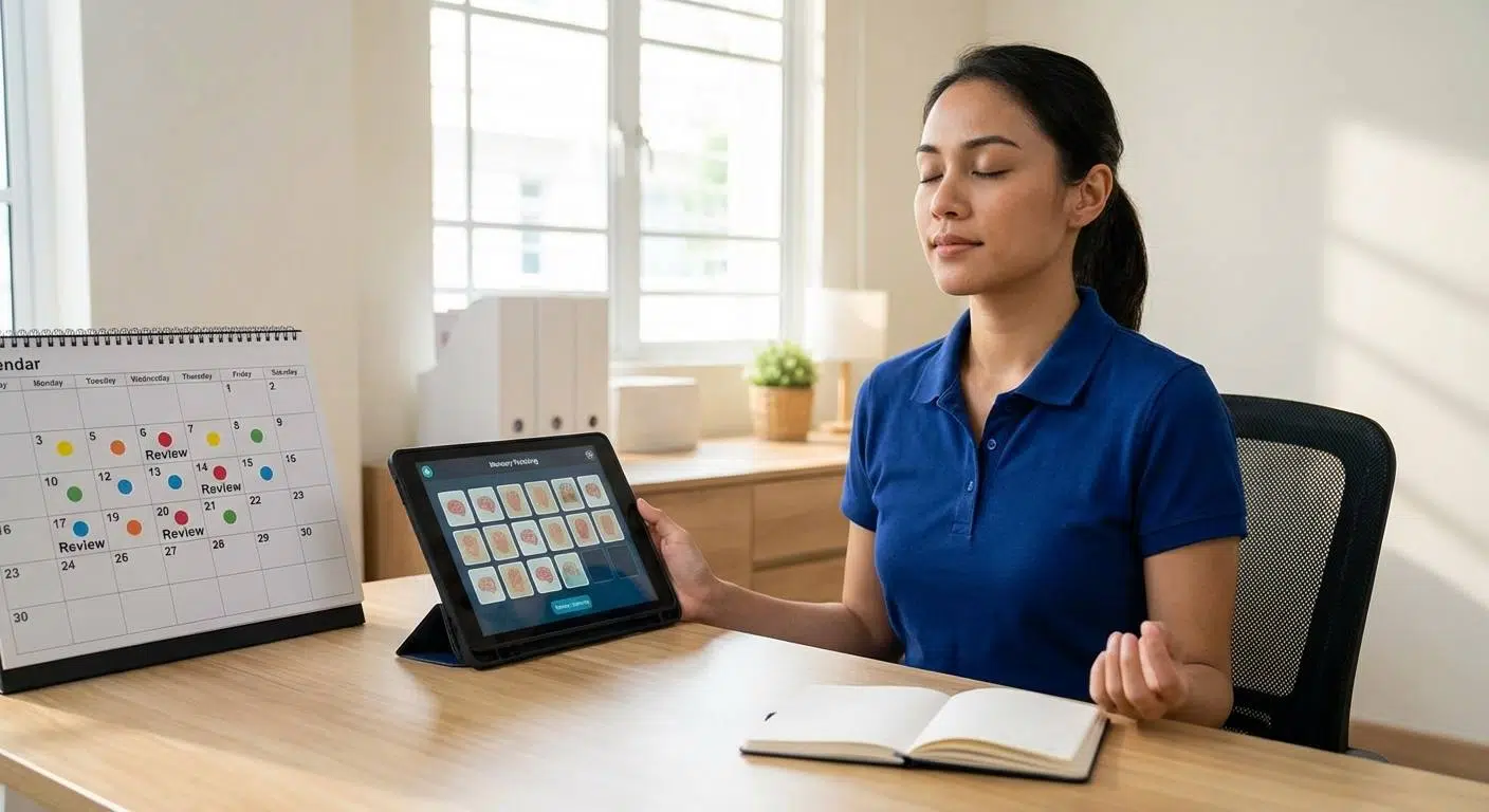 Boost Memory for Smarter Studying 4 Depiction of a person using spaced repetition method with a calendar marked with review days, brain exercises like memory matching games on a screen, and a calm meditation pose, representing spaced reviews and working memory training.