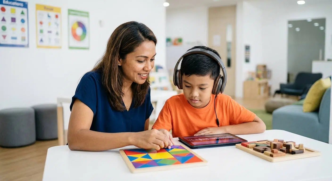 Unlock Your Child’s Memory Potential 4 A depiction of cognitive and working memory training exercises such as pattern recognition and auditory tasks, showing a parent and child engaging in puzzles and mindfulness activities to build mental strength.