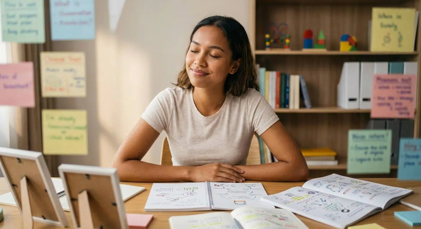 Unlock Your Brain’s Potential with 4 Proven Memory Techniques 2 A vivid, imaginative scene showing a 'mind palace' filled with colorful pictures, acronyms, and mnemonic devices bringing abstract information to life.