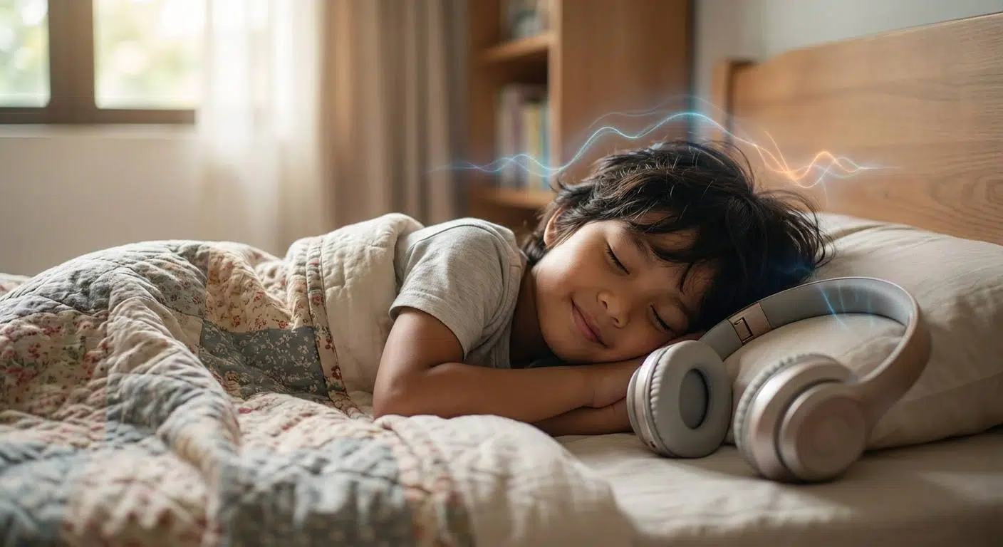 Unlock Your Brain’s Potential with 4 Proven Memory Techniques 3 A peaceful sleeping child with subtle glowing sound waves or ambient cues around them, representing Targeted Memory Reactivation (TMR) during sleep.
