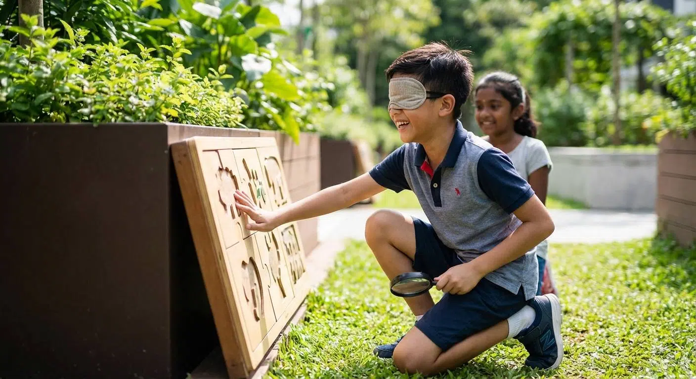 Unlock Your Brain’s Potential with 4 Proven Memory Techniques 4 A dynamic scene of a child engaged in active learning outdoors, exploring nature, playing memory games, or using interactive virtual reality, highlighting Active, Immersive Learning.