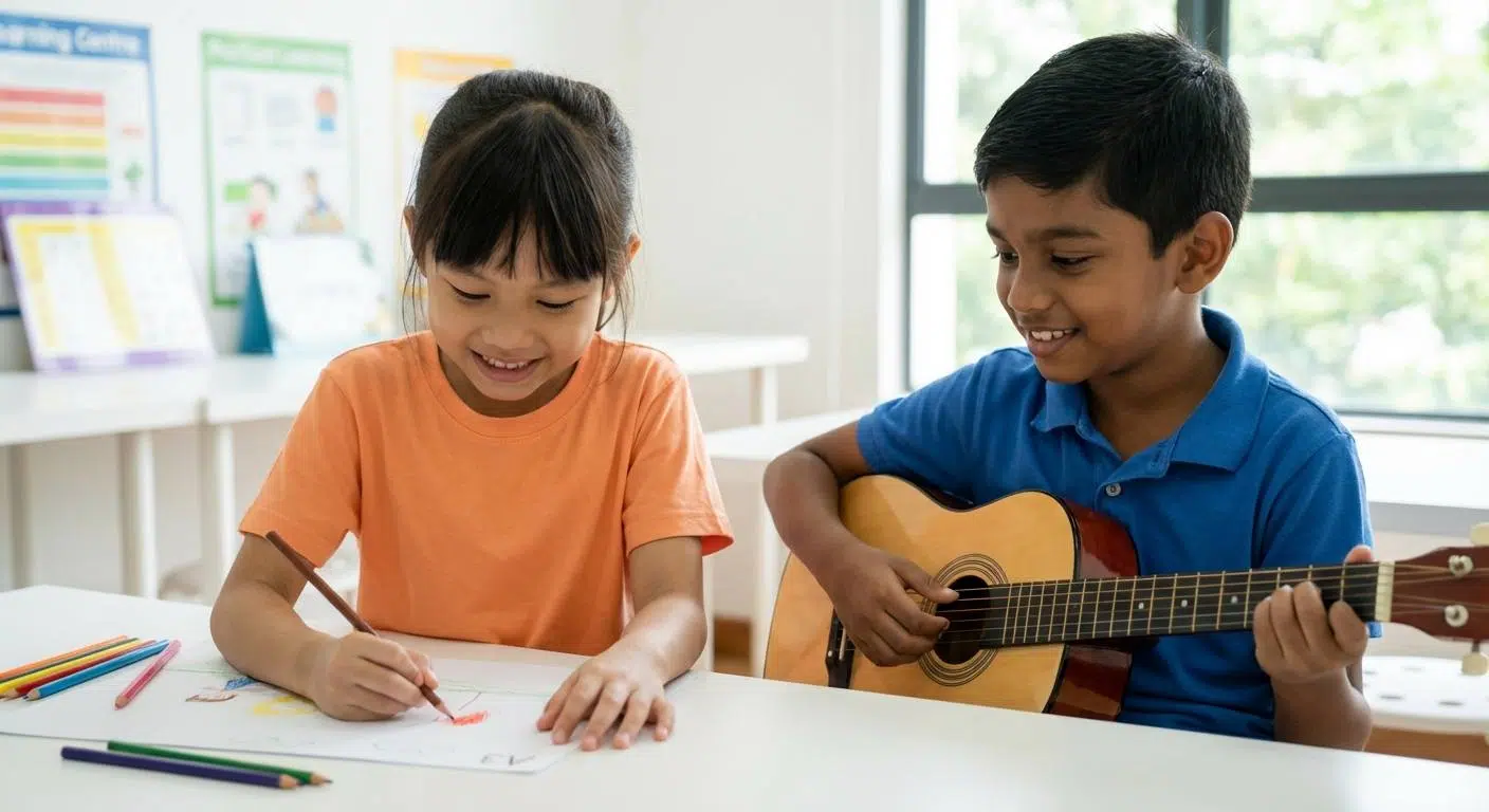 Unlock Your Child’s Brain Power Today 2 Children engaged in creative activities like drawing and playing musical instruments, highlighting right-brain engagement and neuroplasticity.