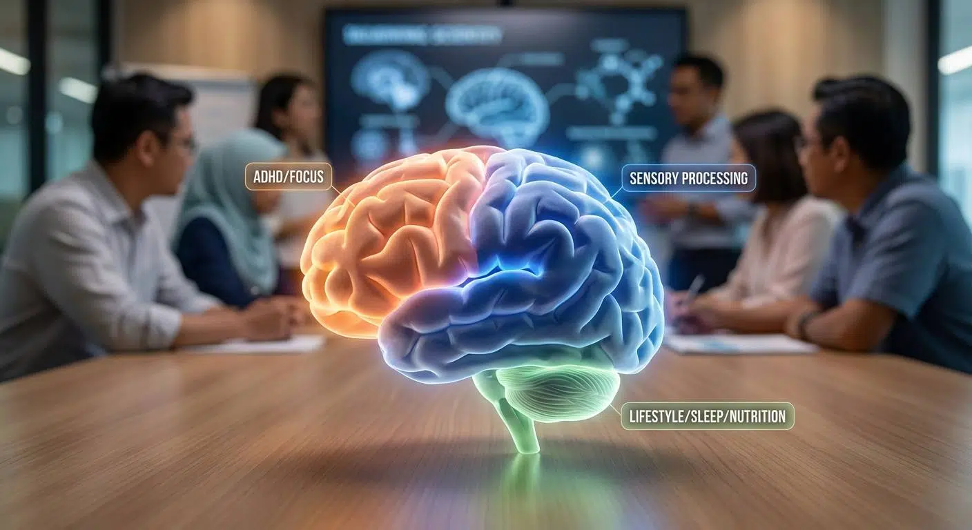Unlocking Your Child’s Focus Potential 2 Visual representation of the brain with highlighted areas for ADHD, sensory sensitivities, and lifestyle factors like sleep, nutrition, and exercise