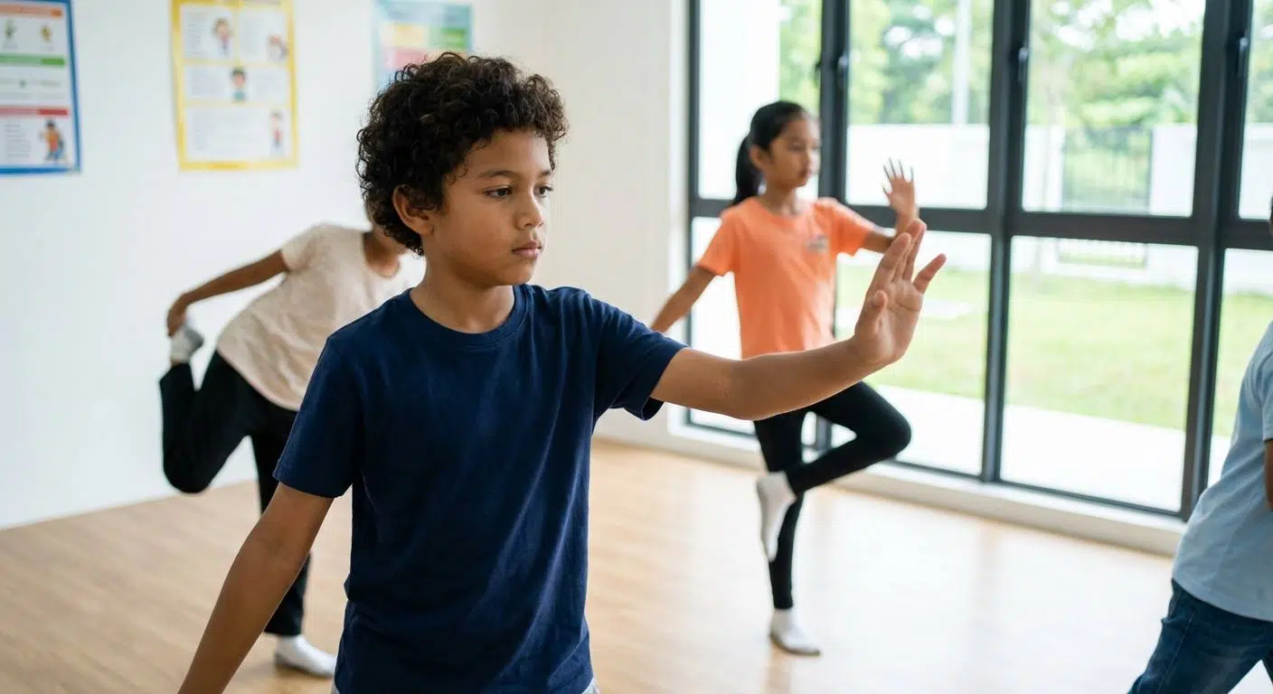 Unlocking Your Child’s Focus Potential 4 Image showing children doing physical activities like running, yoga, or Tai Chi, emphasizing exercise's role in boosting brain function and focus